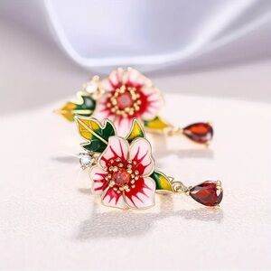 Floral Enamel Earrings Red Gold Accent Drop Earrings NWT